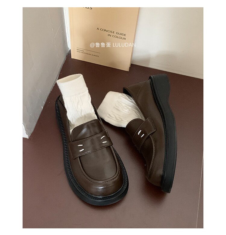 Pphmm Brown Leather Shoes For Women Loafers Platform Ladies Slip On Flats Shoes Thick Sole Spring Autumn Casual Shoes Female NEW