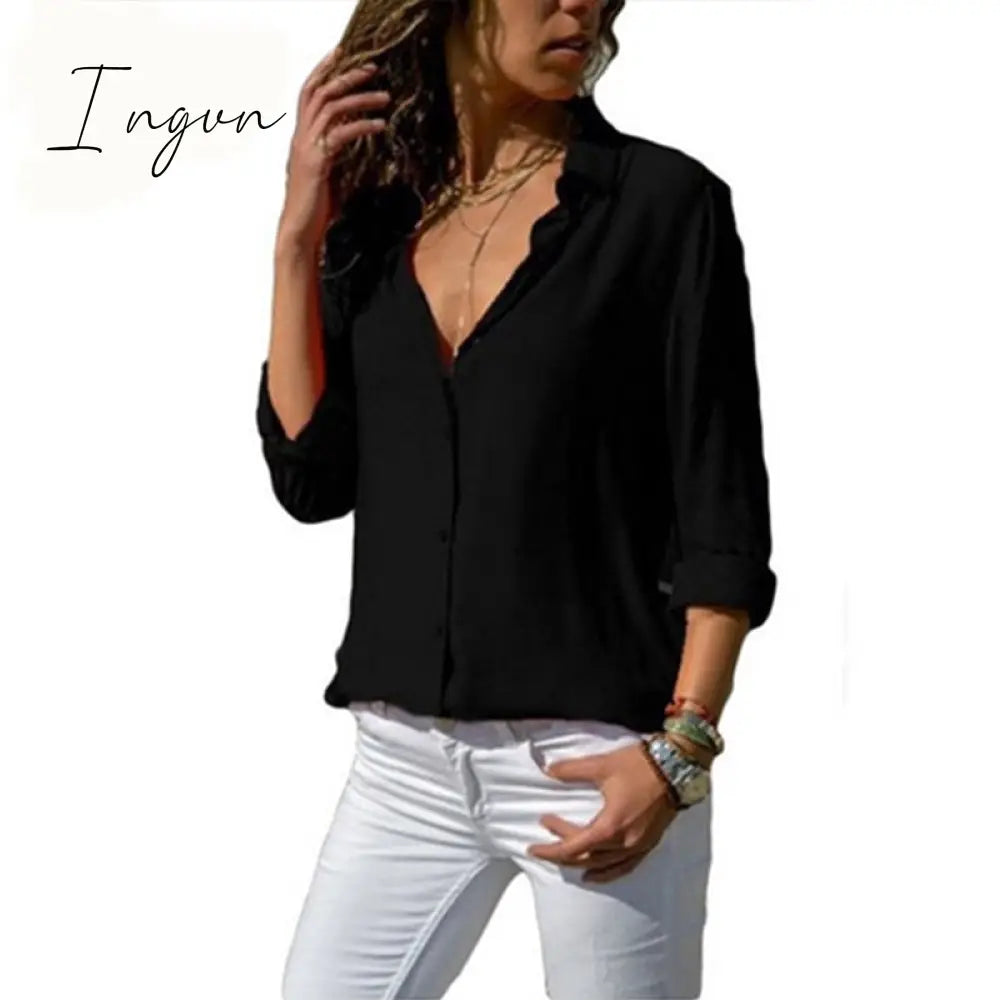 Ingvn - Elegant Long Sleeve Oversized Solid V-Neck Chiffon Blouse Summer Women Tops Female Office Shirts Casual Regular