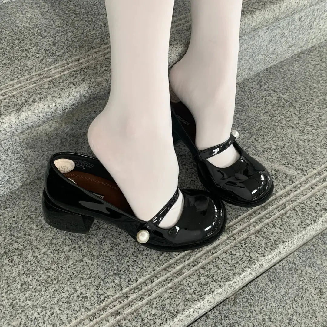 Ingvn  Shoes for Woman  Square Heels Women's Summer Footwear with Medium Mary Jane Black Japanese Style Lolita Gothic Pearl Korean