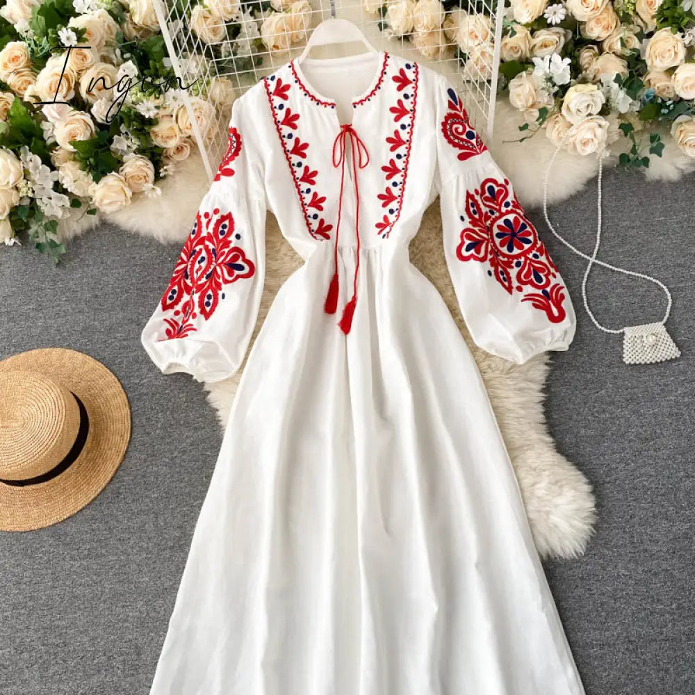 Ingvn - Women Autumn Dresses Bohemian Embroidered Flower O-Neck Lantern Sleeve High Waist Pleated Dress All-match Female Vestidos GK393