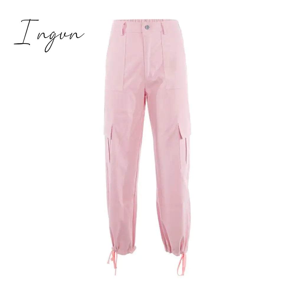 Ingvn - Button Pockets Patchwork Cargo Pants Women Streetwear High Waist Trousers Women Fashion Pencil Pants Joggers Women