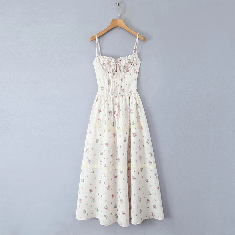 Elegant Women French Style Lace Trim Floral Print Sling Long Dress Sexy Thin Straps A-line Summer Dresses Holiday Robe