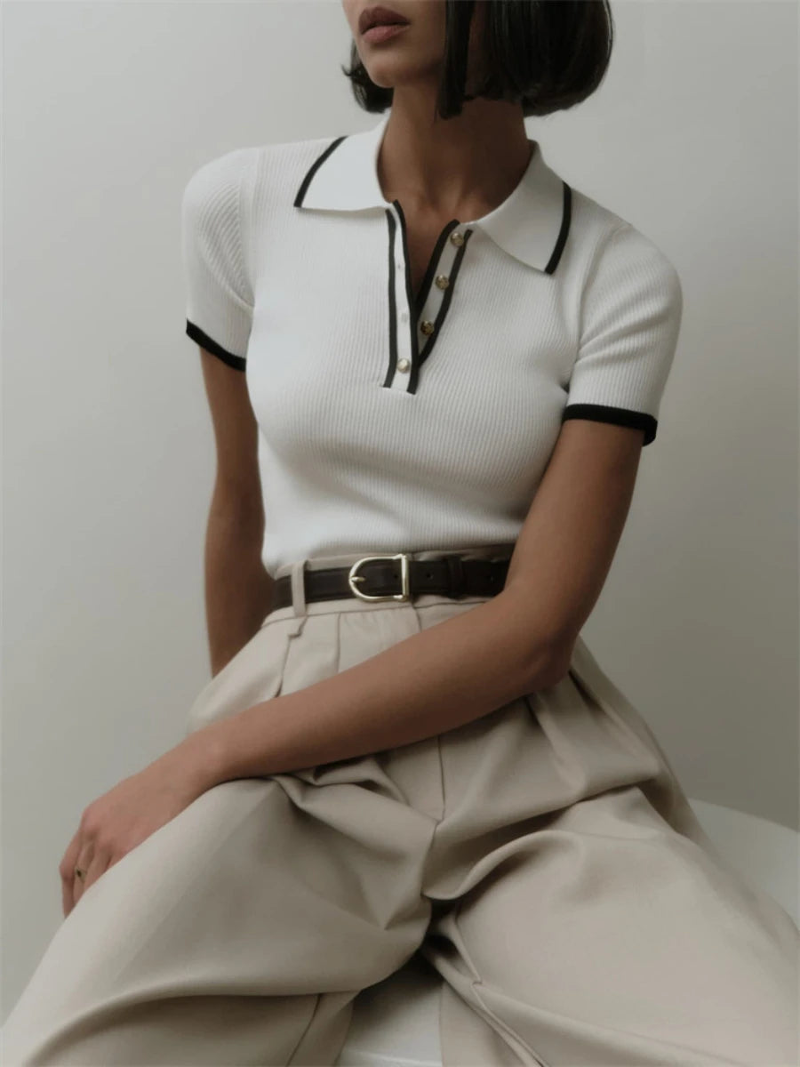 Ingvn  Knit Sweater Pullover Women Short Sleeve Patchwork Slim  Elegant Contrast Knitwear Top Female Skinny Ribbed Pullover