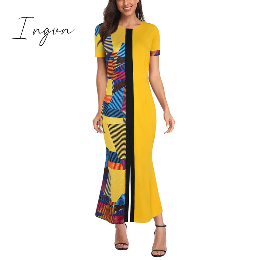 Ingvn - Ladies Fashion Half Sleeve Dress Women Elegant Round Collar Geometric Printing Splicing Temperament Maxi Dress For Ball Party