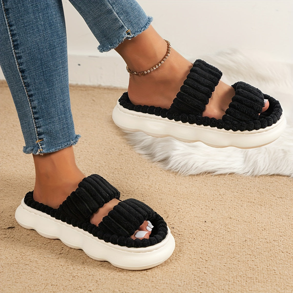 Ultimate Comfort Womens Plush Slippers - Luxurious Platform, Two-Band Open Toe Design, Cloud Soft Sole, Ultra-Fuzzy - Perfect Indoor Sanctuary Slippers for Home