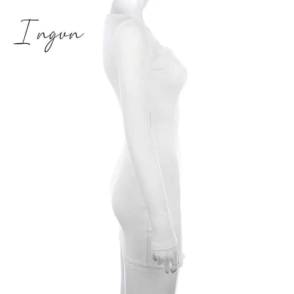 Ingvn - Women Winter Dress Women New Arrivals Sexy Long Sleeve Lace Split Black White Solid Party Dresses Vestidos