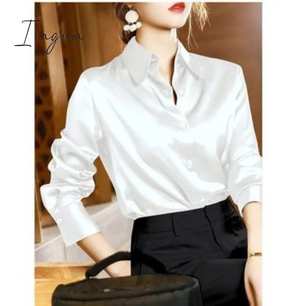 Ingvn - Brand Quality Luxury Women Shirt Elegant Office Button Up Long Sleeve Shirts Momi Silk Crepe Satin Blouses for Women Fashion Business Ladies Top