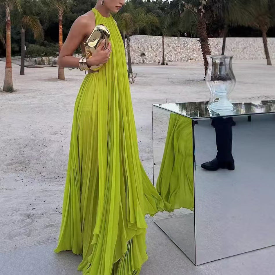 Women's Solid Color Round Neck Sleeveless Sexy Backless Beach Long Dress