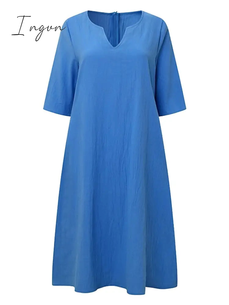 Ingvn - Women‘s Shift Dress Knee Length Dress Green Blue Pink Yellow Half Sleeve Pure Color Patchwork Spring Summer V Neck Basic Casual 2023 S M L XL XXL 3XL 4XL 5XL