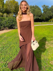 Elegant Strapless Sexy Maxi Dress For Women Gown With Scarf Off-shoulder Sleeveless Backless Split Beach Long Dress