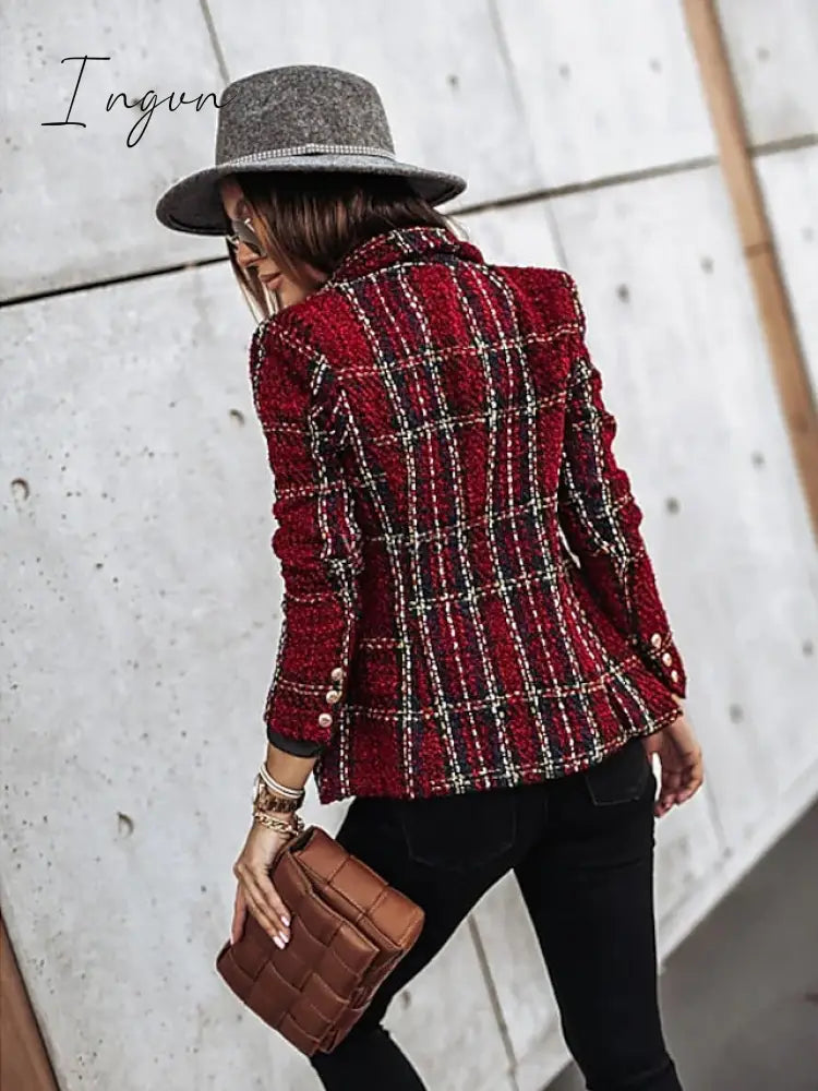 Ingvn - Women's Blazer Tweed Plaid Long Sleeve Coat Fall Winter Business Double Breasted Regular Jacket Green Brown XL 2XL 3XL