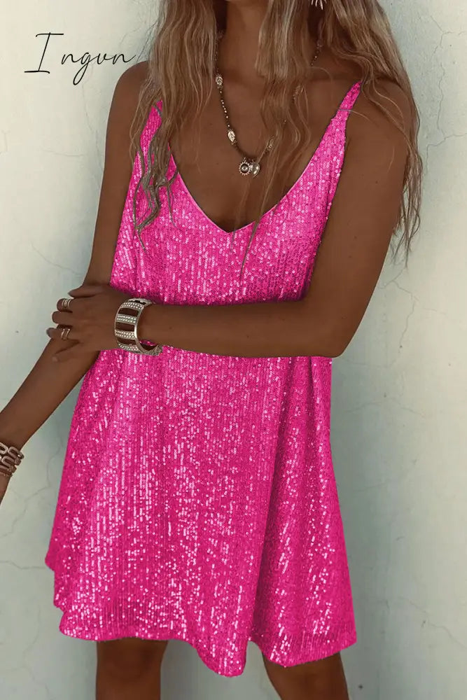 Ingvn - Sexy Solid Sequins V Neck Sling Dress Dresses