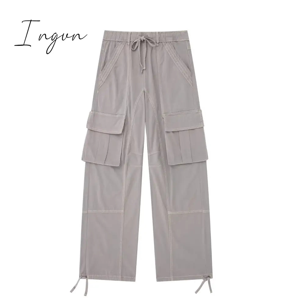 Ingvn - 2023 Cargo Pants for Women Beige Wide Leg Pants Women Summer High Waist Woman Trousers Holiday Casual Baggy Pants Woman