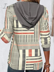 Ingvn - Women's Hoodie Sweatshirt Pullover Basic Button Drawstring Beige Striped Casual Hoodie Long Sleeve Top Micro-elastic Fall & Winter
