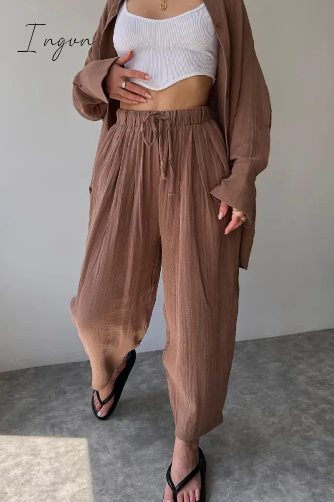 Ingvn - Daily Simplicity Solid Pocket Turndown Collar Long Sleeve Two Pieces