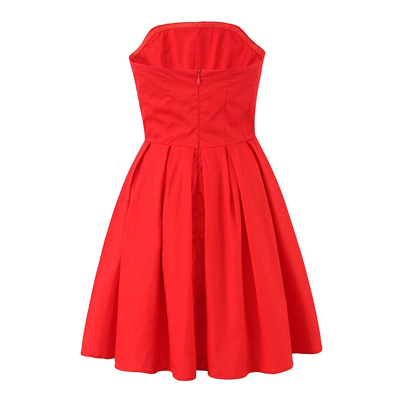 Women Pleated Hem Red Strapless Dress Sexy Elegant Christmas Party Mini Dress Female Fit And Flare Pretty Birthday Robe
