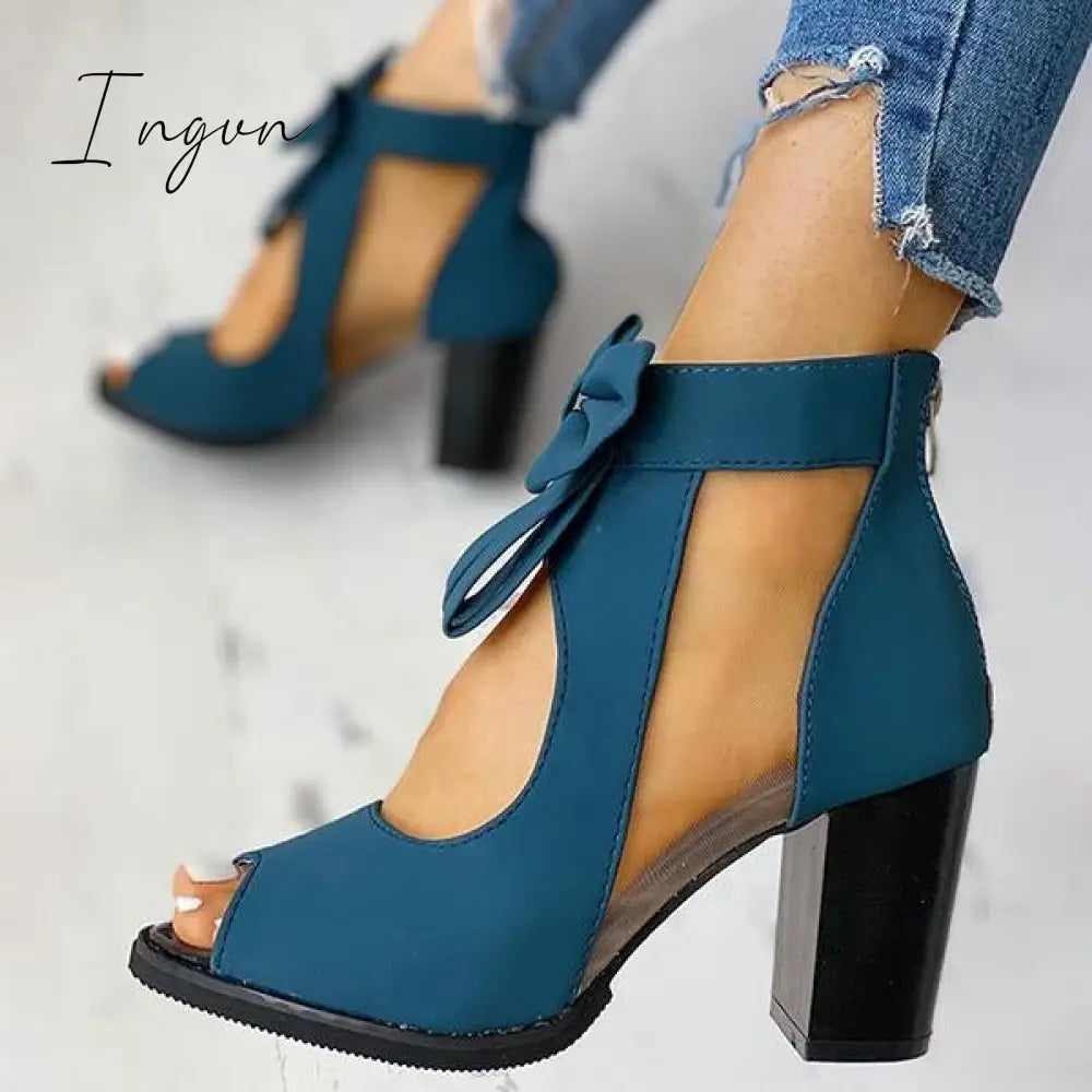 Ingvn - Peep Toe Mesh Insert Bowknot Chunky Heeled Sandals