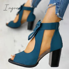Ingvn - Peep Toe Mesh Insert Bowknot Chunky Heeled Sandals