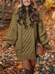 Cozy Cable Knit Sweater Dress - Soft, Casual, Solid-Colored, Long Sleeve, Comfortable, Relaxed Fit, Women's Winter Clothing, Everyday Wear, Office Lady Style