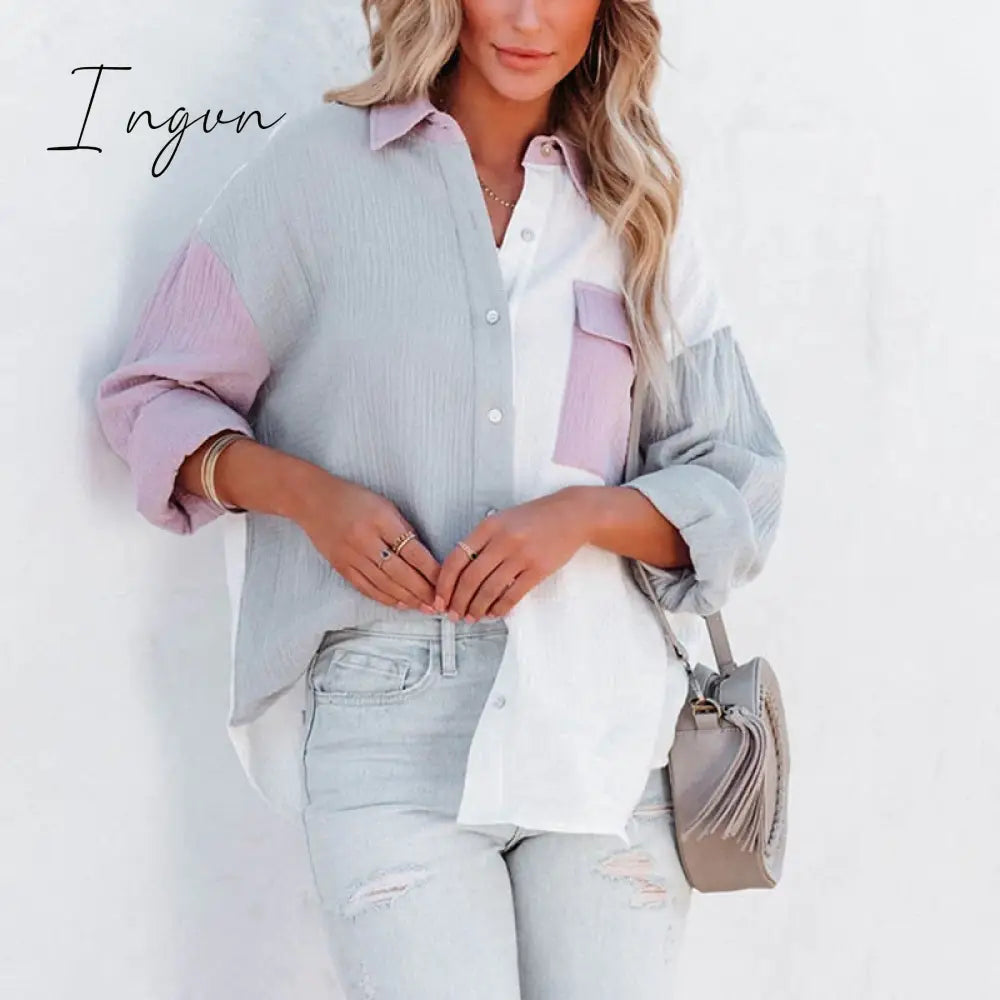 Ingvn - New Spring Summer Fashion Women New Patchwork Shirt Elegant Commute Contrast Lapel Buttons Cardigan Streetwear Ladies Casual Blouses