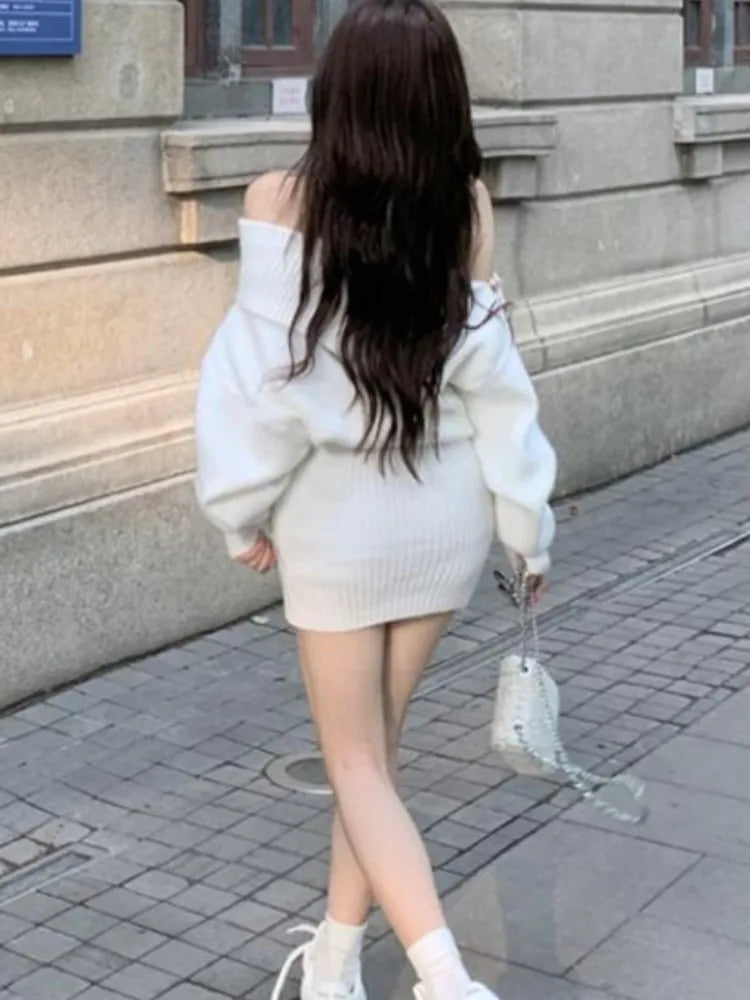 Y2K Autumn Solid Knitted Dresses for Women Off Shoulder Slash Neck Casual Vestidos Mujer Korean Femme Chic Fashion Mini Dress