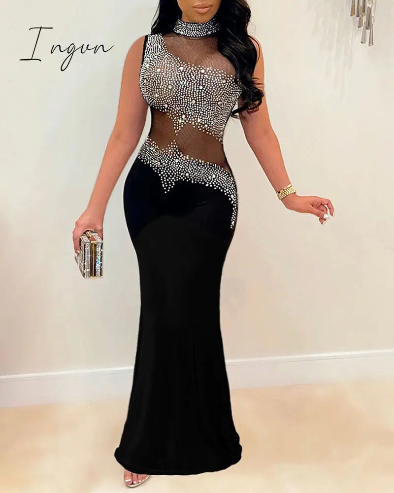 Ingvn - Women Elegant Formal Gown Maxi Dress Female Stylish Long Party Dress Rhinestone Mesh Splicing Evening Dress