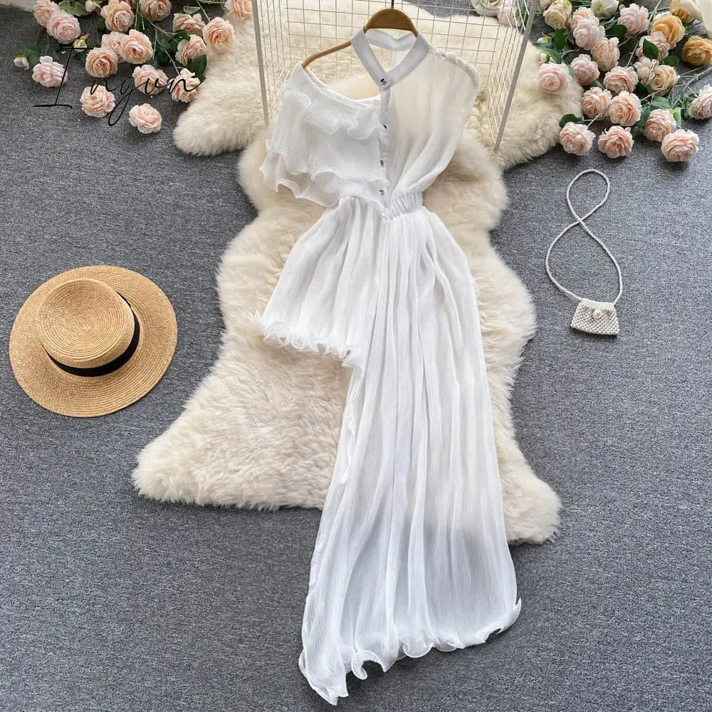 Ingvn - Summer Women Sexy Irregular Dress Elegant Female Ruffle Off Shoulder Slim High Waist Vestidos Green/White/Pink Robe New Fashion