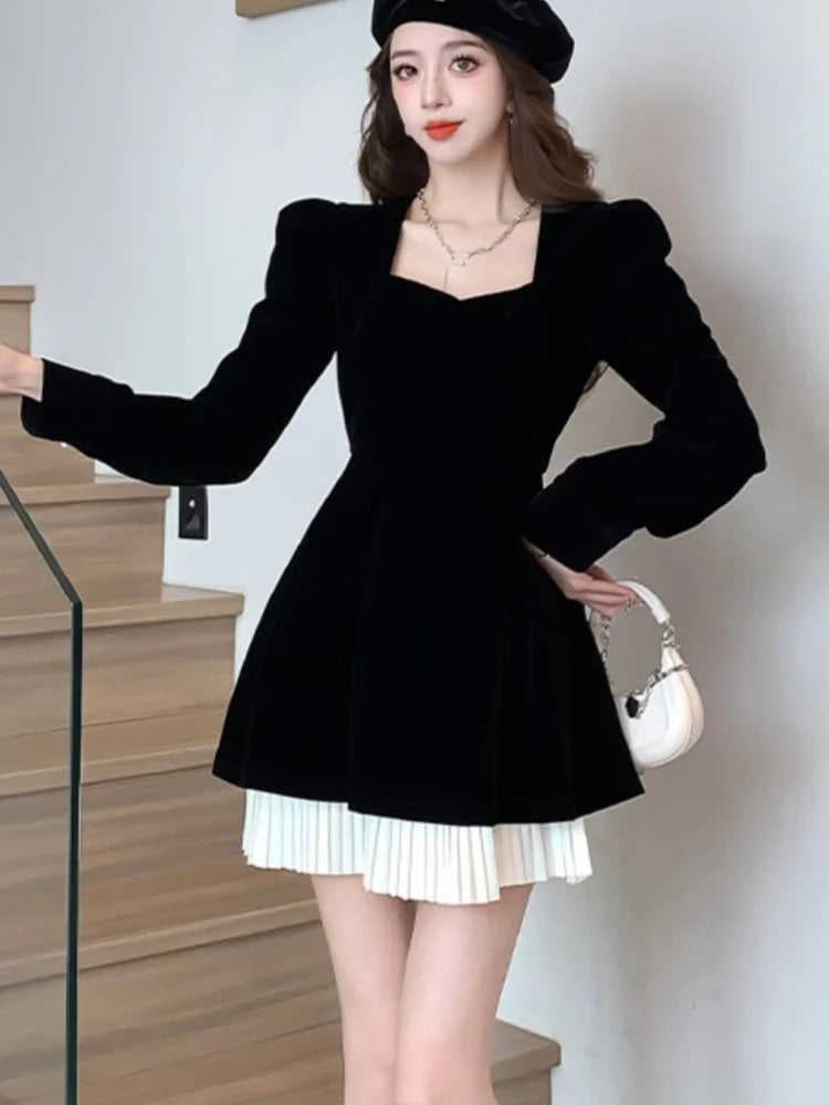 Korean Velvet Mini Dress Elegant Long Sleeve Square Collar Patchwork A-Line Birthday Party Vestidos High Waist Female Dresses