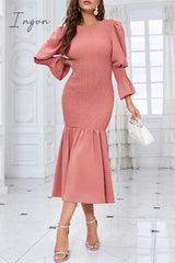 Ingvn - Elegant Solid Fold O Neck Wrapped Skirt Dresses