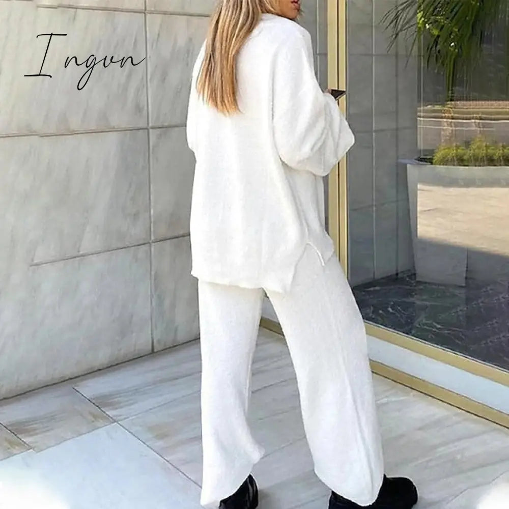 Ingvn - Women's  Lounge Sets 2 Pieces Solid Color Fleece Pajama V Neck Long Sleeve for Fall Winter White S 3XL