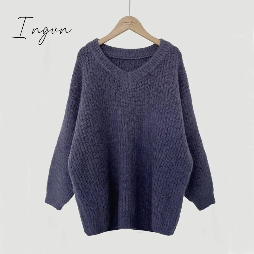 Ingvn - Green Oversized Sweaters for Women Fall Winter 2023 Korean Fashion Long Loose Pullovers V Neck Long Sleeve Jumpers