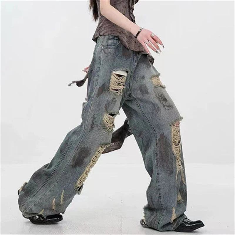 Ingvn  Women's Wear Through Dirty Blue Distressed Jeans Summer Girl Wide-leg Denim Trousers Vintage Bottoms Female High Waisted Pants