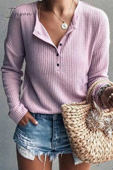Ingvn - Casual Solid Buttons O Neck Tops