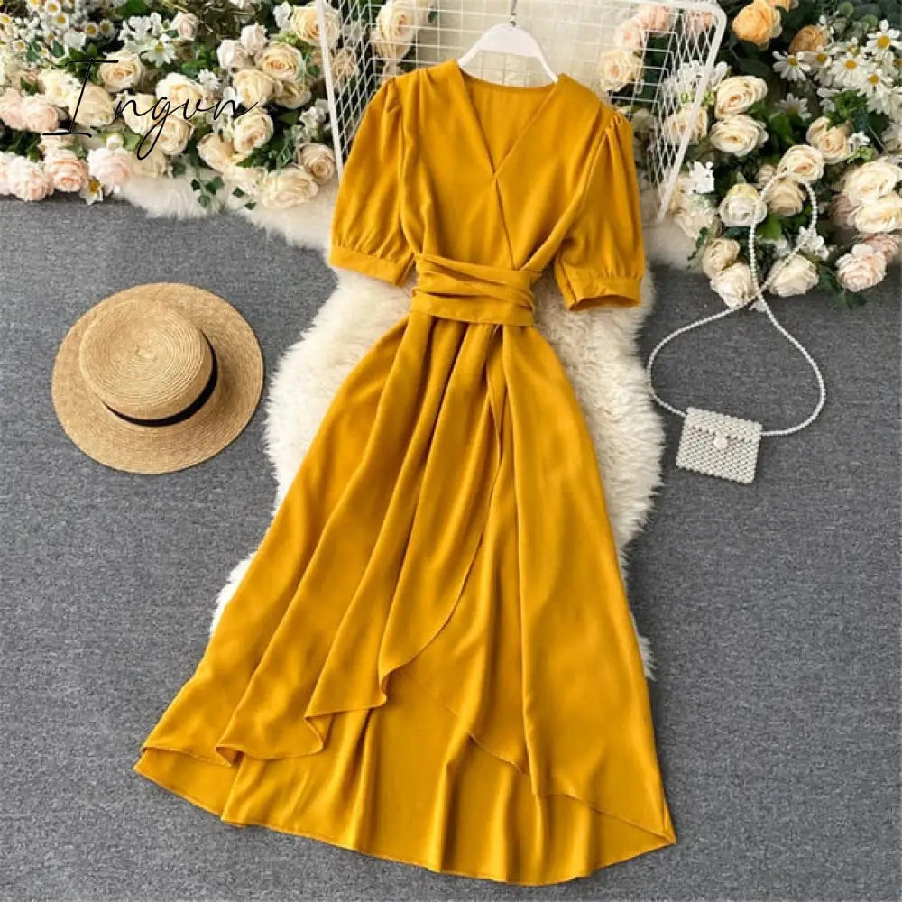 Ingvn - Women Summer Midi French Dress Sweet V-Neck Puff Sleeve High Waist Elegant Solid Woman Dresses Female Clothing New Year