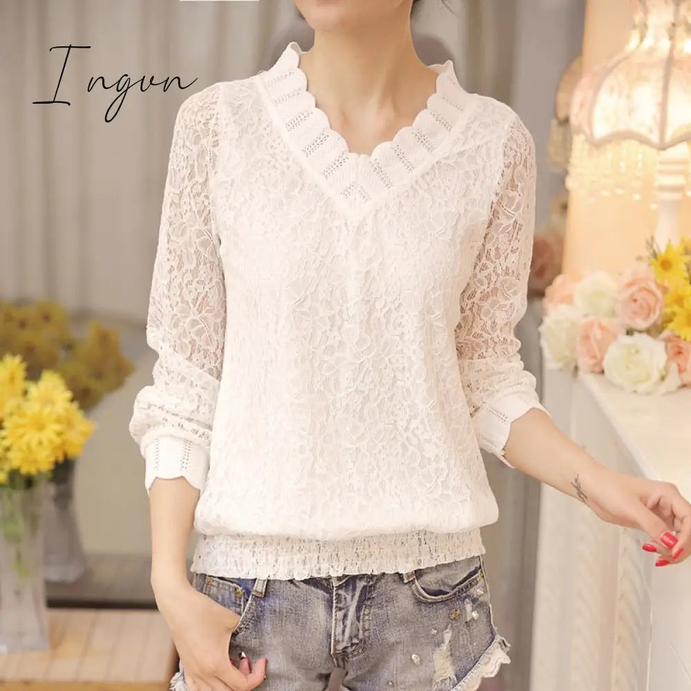 Ingvn - New Arrived Autumn Women Blouse Long Sleeve V Collar Lace Shirt Woman Sweet Temperament Trim Slim Fit Bottom Shirt 1066 40