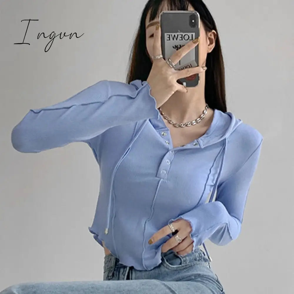 Ingvn - Crop Tops 2023 Fashion T-shirts for Women Hooded Sweatshirt Long Sleeve Tees Y2k Clothes Korean Casual Woman Tshirts Ropa Mujer