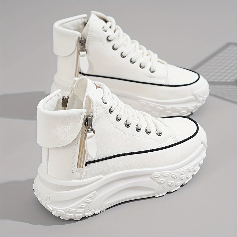 Plus Size Women's Comfortable High-Top Sneakers, Casual Lace Up Outdoor Shoes with Side Zipper