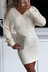 Ingvn - Celebrities Elegant Solid Hollowed Out V Neck Wrapped Skirt Dresses