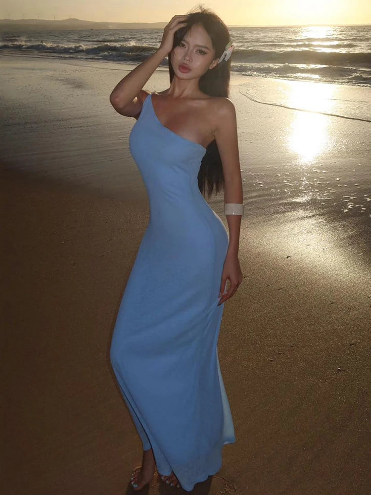 Simple Biased Collar Maxi Dress Women Sleeveless Backless Solid Summer Vacation Classic Beach Party Temperament Vestidos