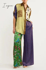 Ingvn - Casual College Print Patchwork Turndown Collar Short Sleeve Two Pieces