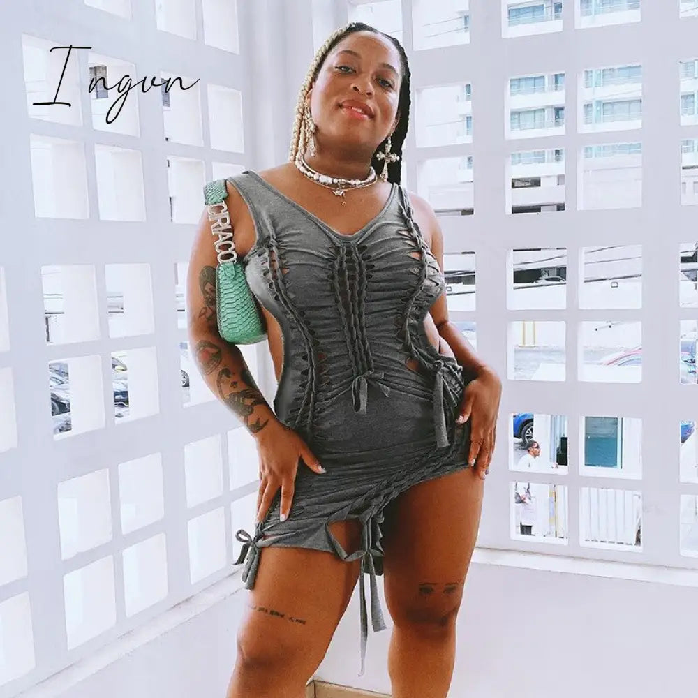 Ingvn - Dark Gray Hollow Out Mini Dress Sexy Drawstring Bandage Backless Summer Dresses for Women 2023 Birthday Party Clubwear
