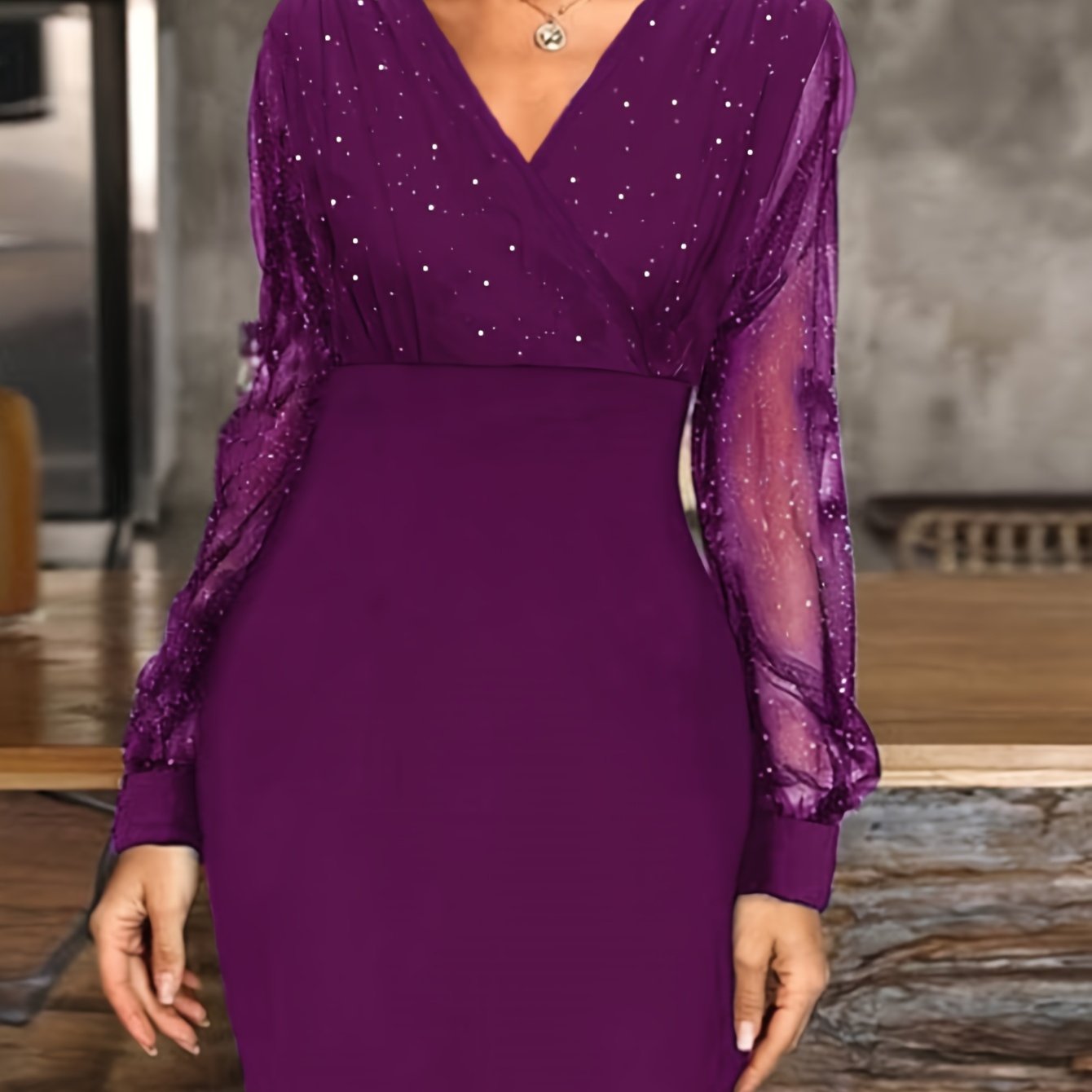 Solid Sequin Stitching Lace Long Sleeve Dress, Elegant Mesh Slim Sexy Party Dress, Women's Clothing