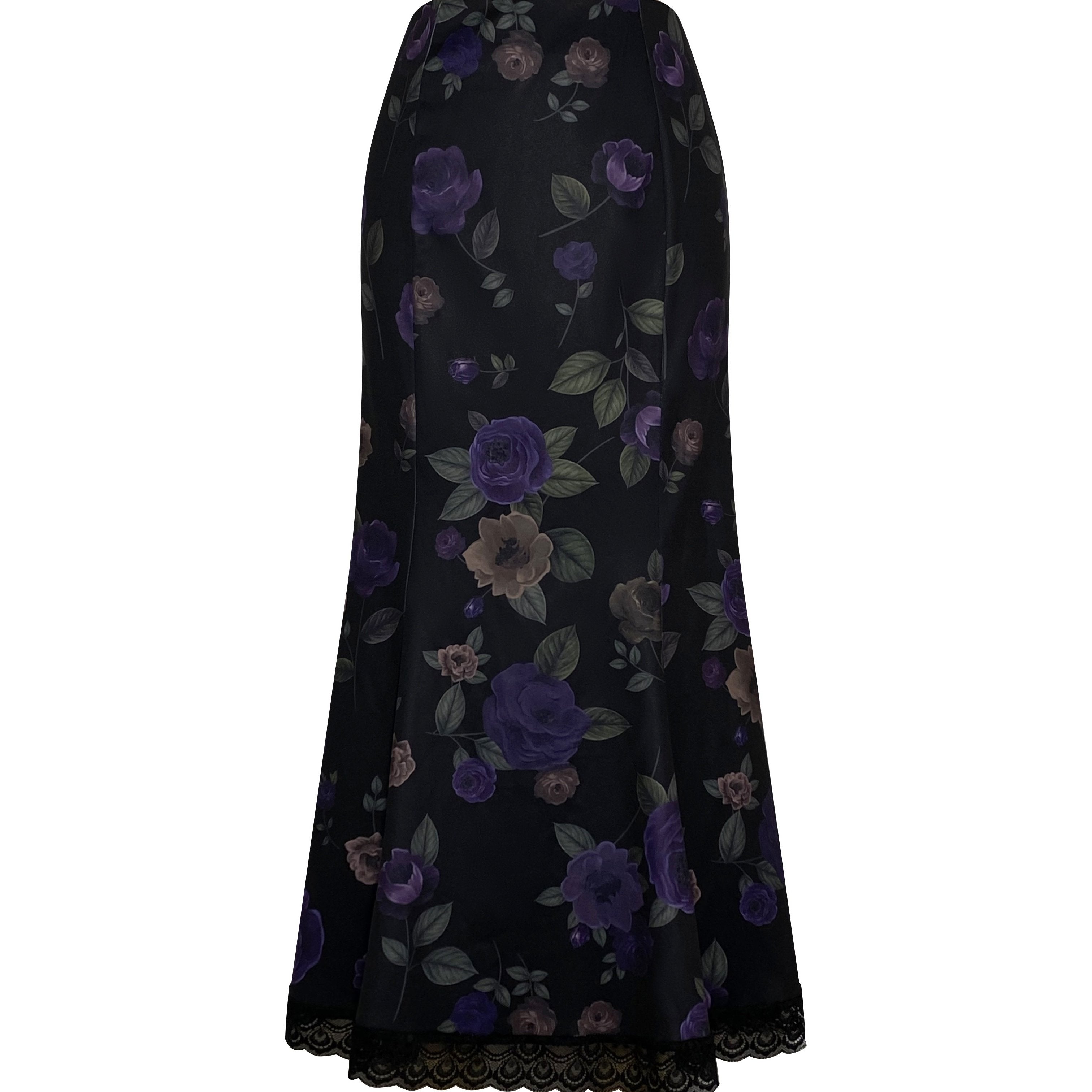 Floral Print Lace Trim Skirt, Elegant High Waist Bodycon Ruffle Midi Skirt, Women's Clothing