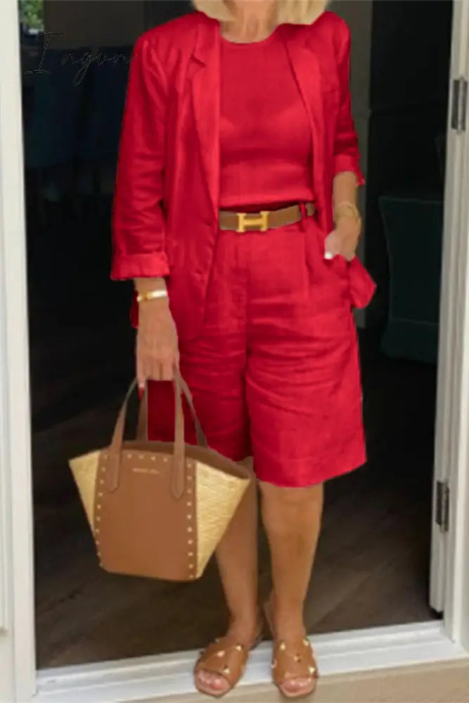Ingvn - Casual Simplicity Solid Color Turn-back Collar Nine Points Sleeve Two Pieces(4 Colors)