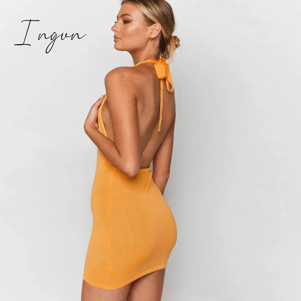 Ingvn - Halter Sexy Backless Mini Dresses Bodycon Skinny Club Party Sleeveless Knitted Dress Fall Streetwear Beach Holiday