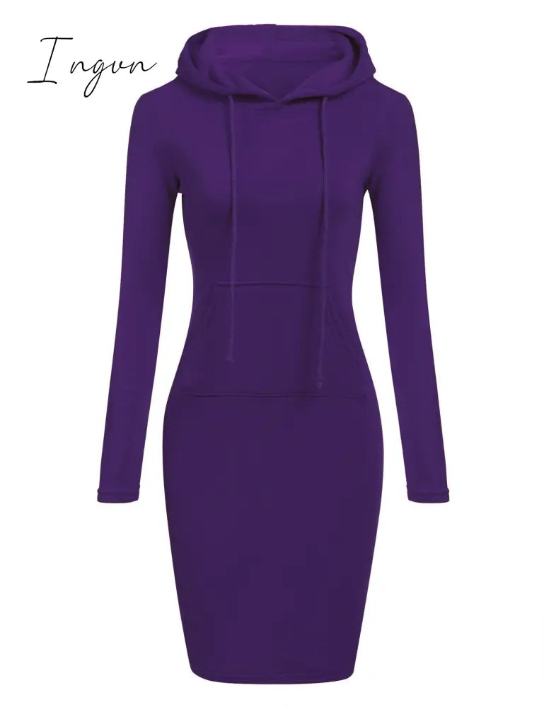 Ingvn - Autumn And Winter Hoodie Dress Elegant Long Sleeve Pocket Combining Casual Women's Midi Dresses