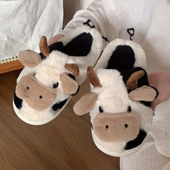 Womens Cartoon Cow Slippers - Plush Warm Lining, Closed Toe Fuzzy Slides, Ultimate Indoor Comfort for Cozy Days
