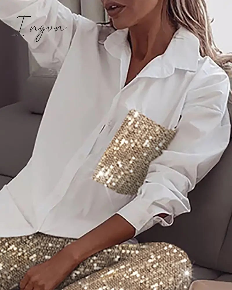 Ingvn - Women Fashion Sequin Two Piece Set Long Sleeve Womens Tops And Blouses Femme Two Piece Outfits Elastic Waist Long Pants Sets