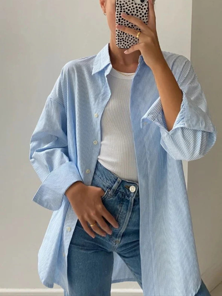 Ingvn  Chic Striped Women Shirt Loose 100% Cotton Shirts Tops Ladies Casual Lapel Oversized Lace Up Blouse Women Tops Blouse