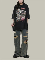Ingvn  Women's Vintage Distressed Neutral Jeans Cool Girl High Waist Wide Legs Thin Pants Female Casual Straight Blue Denim Trousers